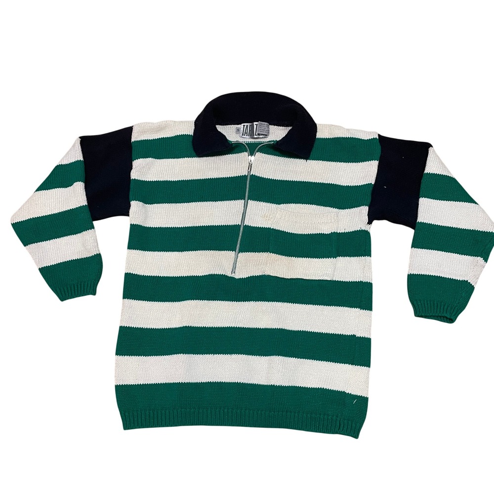 VTG Tarazzia‎ S Preppy Green White Striped Quarter Zip Polo Country Club Sweater